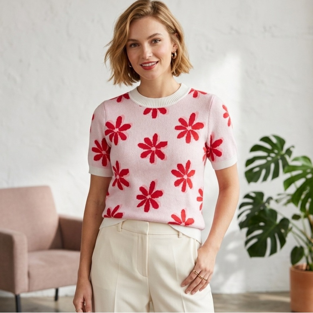 Women's Pink Floral Knit Short-Sleeve Sweater